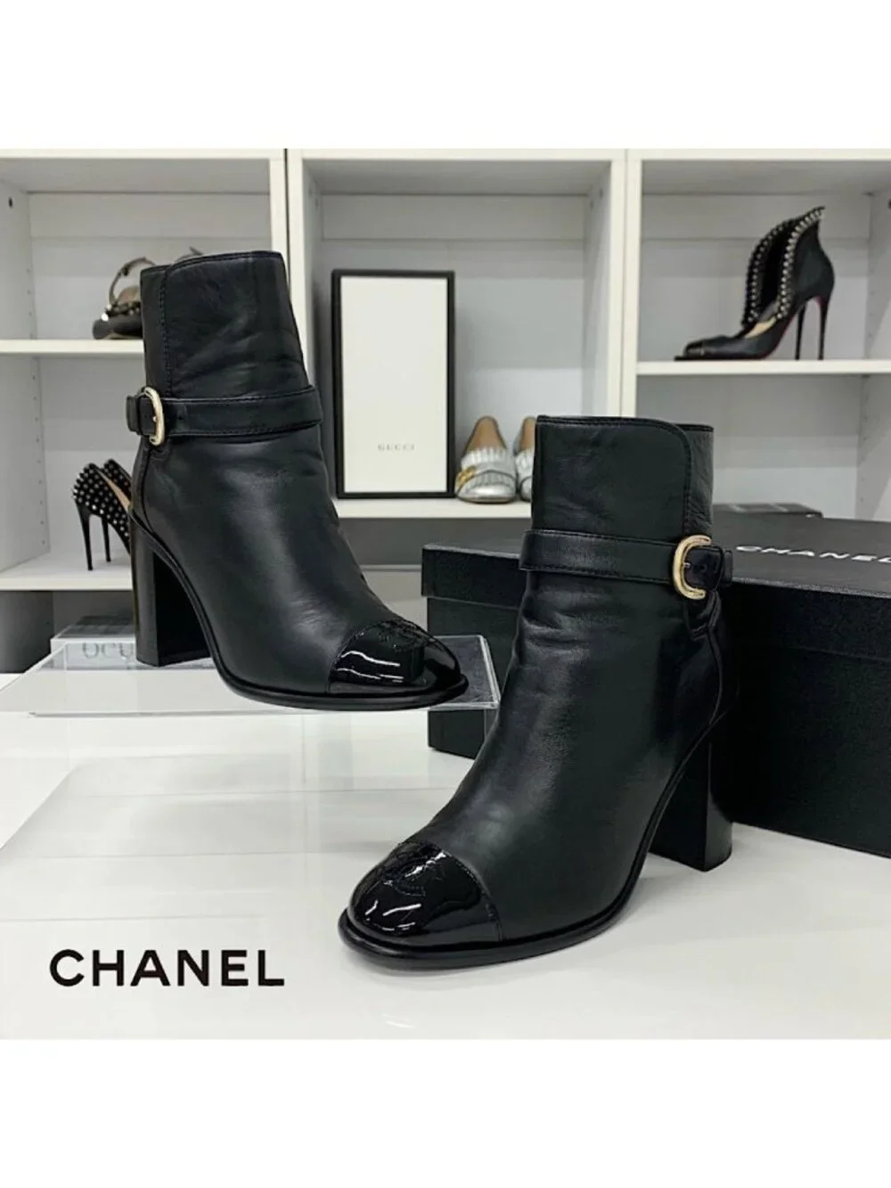Chanel CC Logo Belt Leather Patent Short Boots Black